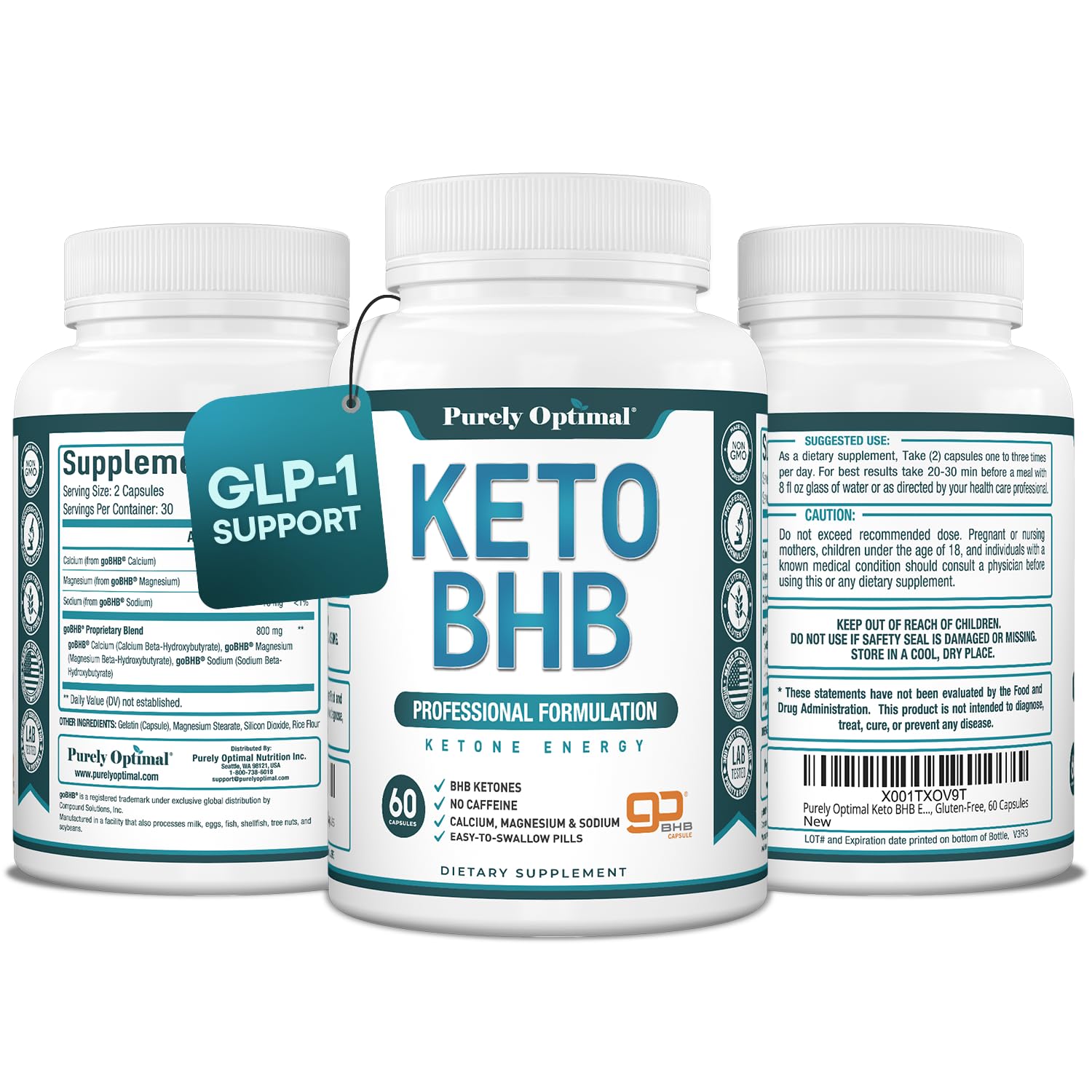 Purely Optimal Keto BHB Exogenous Ketones Supplement - Keto Diet Pills for Ketosis, Energy, Focus, Metabolism - for Women and Men (60 Capsules)