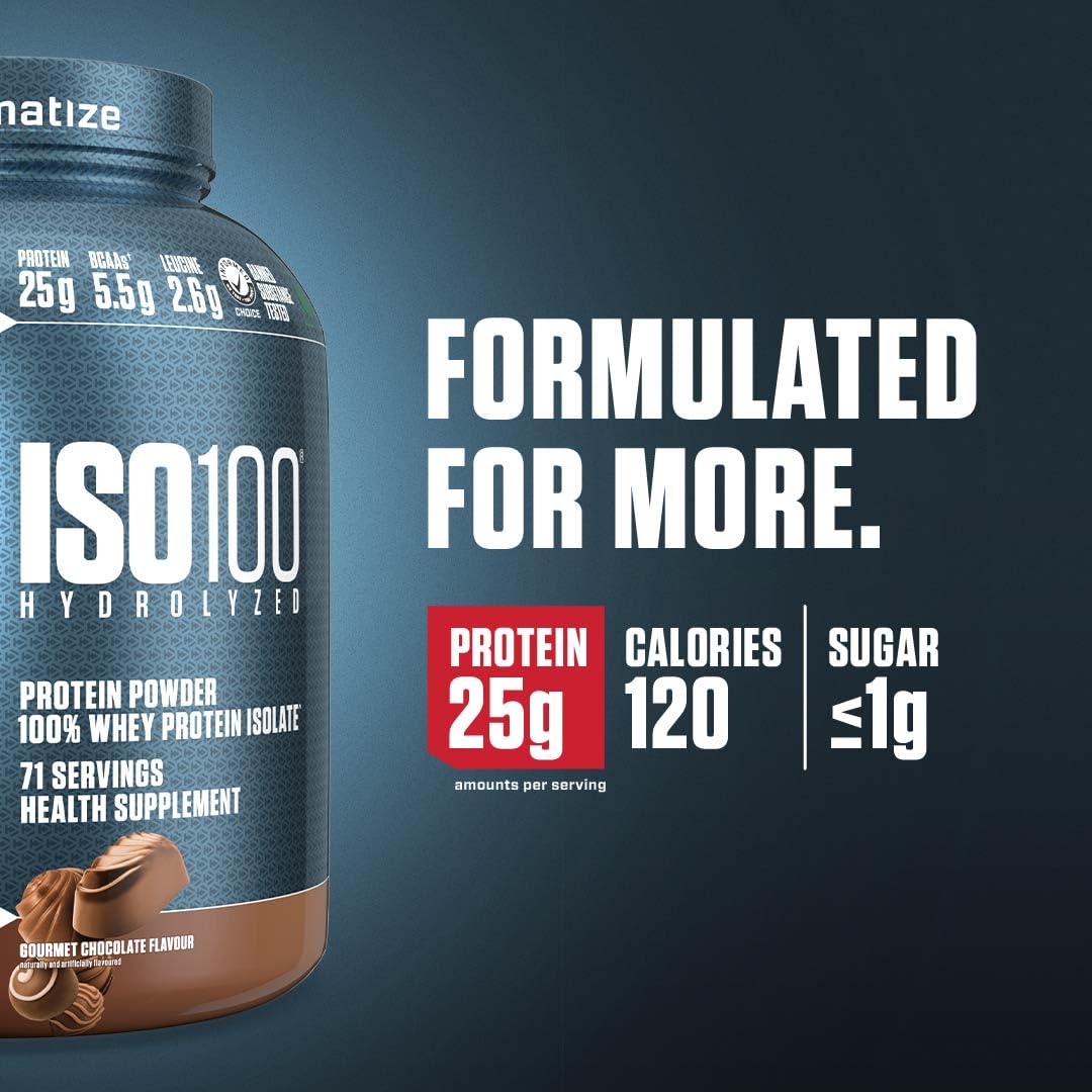 Dymatize ISO100 Whey Protein Powder Isolate, Gourmet Chocolate, 25g of Protein, 5 Pound, 5.5g BCAAs, Less Than 120 Cal., Gluten Free, 1g Fat, 1g Sugar, 2g Carb