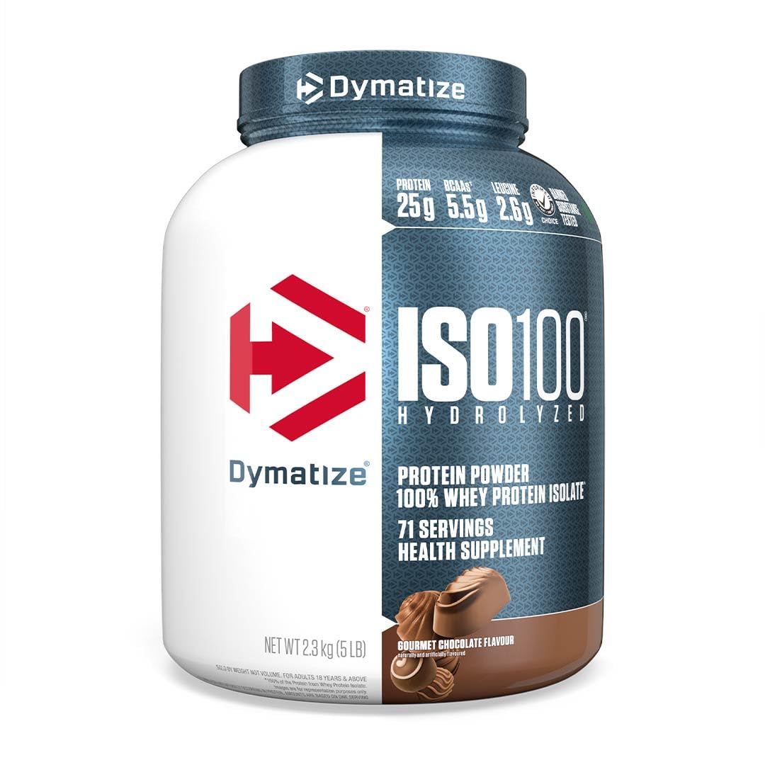 Dymatize ISO100 Whey Protein Powder Isolate, Gourmet Chocolate, 25g of Protein, 5 Pound, 5.5g BCAAs, Less Than 120 Cal., Gluten Free, 1g Fat, 1g Sugar, 2g Carb