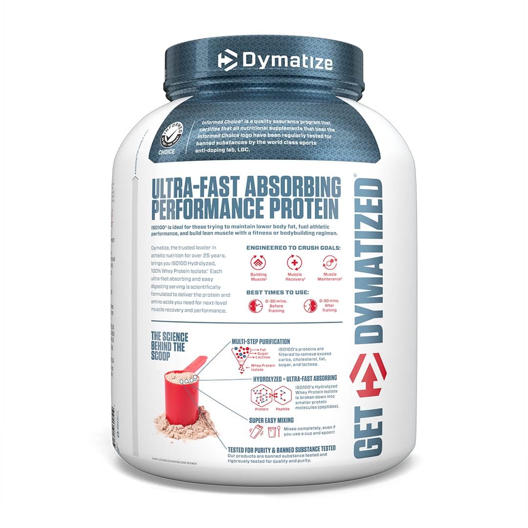 Dymatize ISO100 Whey Protein Powder Isolate, Gourmet Chocolate, 25g of Protein, 5 Pound, 5.5g BCAAs, Less Than 120 Cal., Gluten Free, 1g Fat, 1g Sugar, 2g Carb