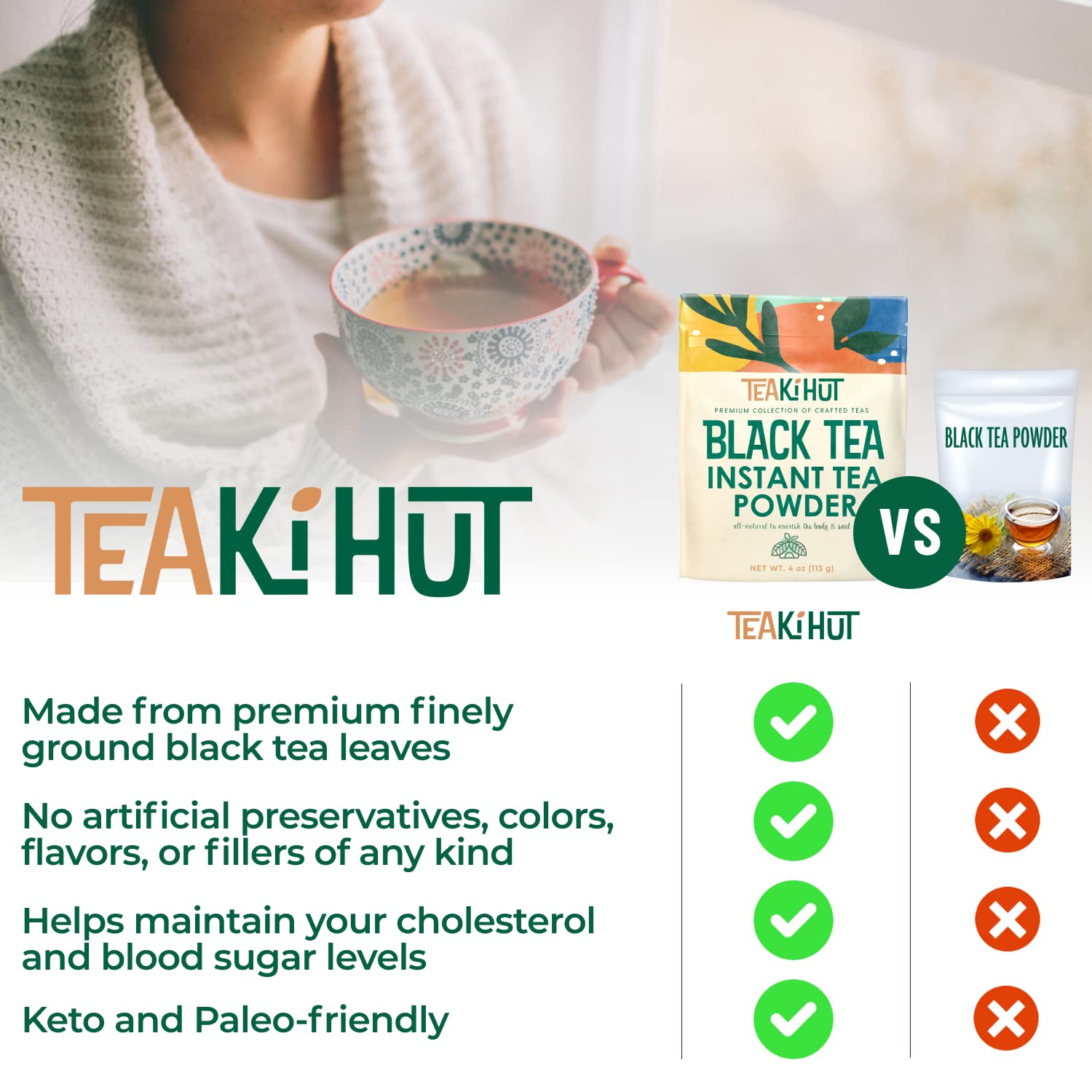 TEAki Hut Instant Black Tea Powder, 4 oz, Black Tea Powdered BlackTea for Hot and Cold Beverages, Refreshing Instant Tea Powder, Unsweetened Tea, 113 Servings