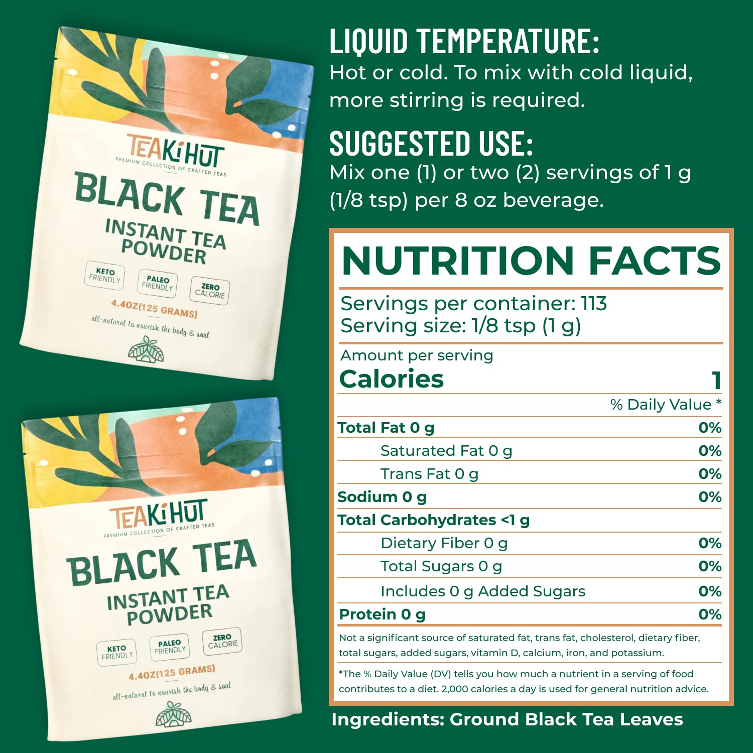 TEAki Hut Instant Black Tea Powder, 4 oz, Black Tea Powdered BlackTea for Hot and Cold Beverages, Refreshing Instant Tea Powder, Unsweetened Tea, 113 Servings