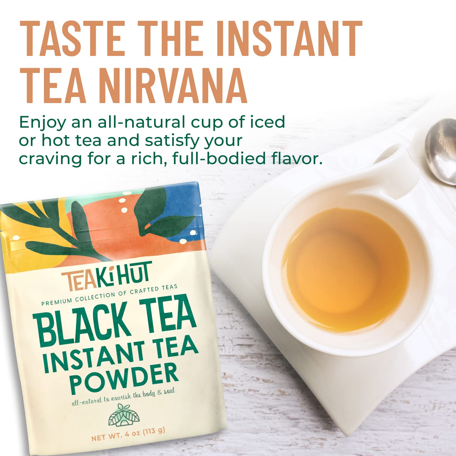 TEAki Hut Instant Black Tea Powder, 4 oz, Black Tea Powdered BlackTea for Hot and Cold Beverages, Refreshing Instant Tea Powder, Unsweetened Tea, 113 Servings