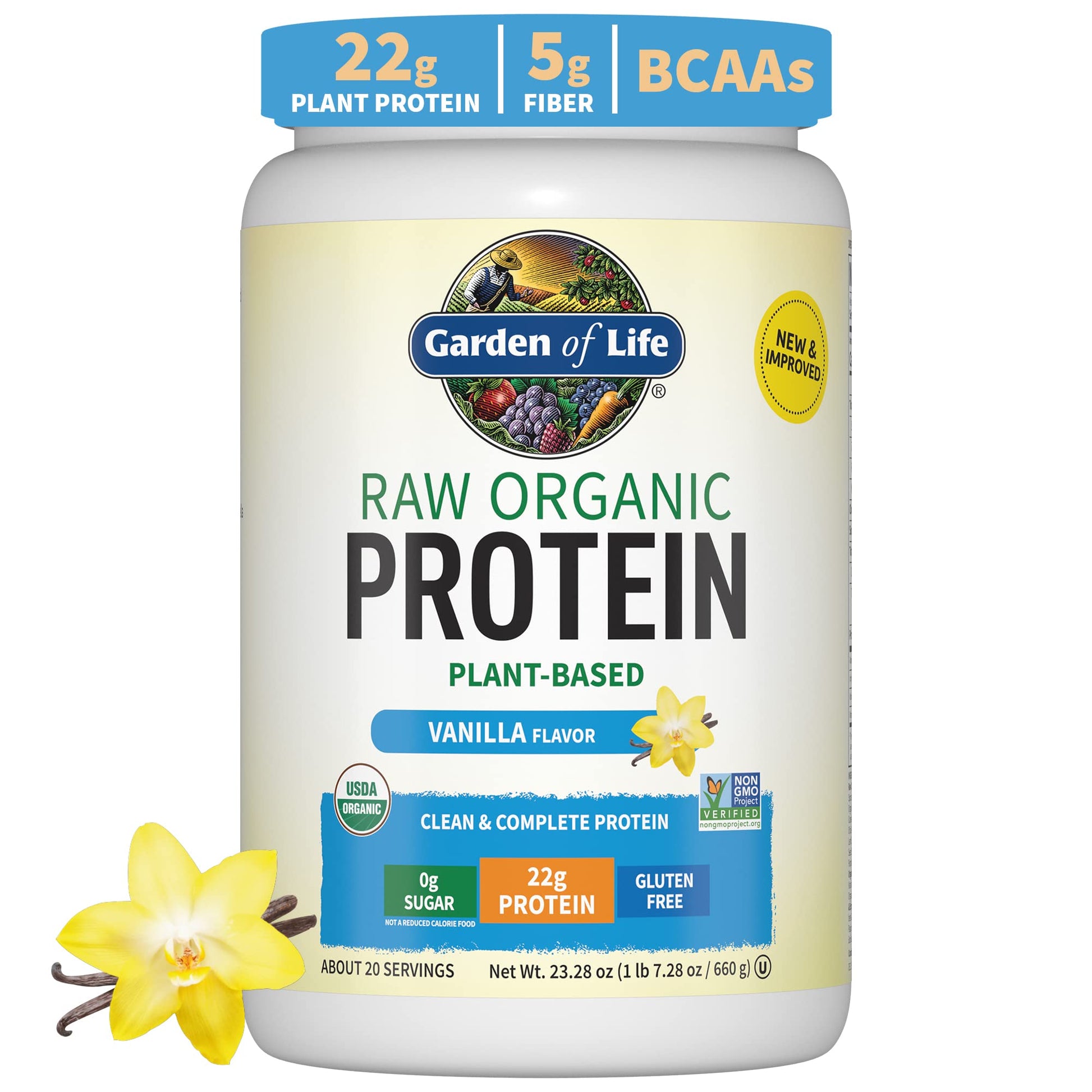 Vegan Protein Powder - Vanilla Organic Protein Powder, 22g Plant Based Protein & BCAAs, Probiotics & Digestive Enzymes - Garden of Life, Gluten & Lactose Free 1.5 LB