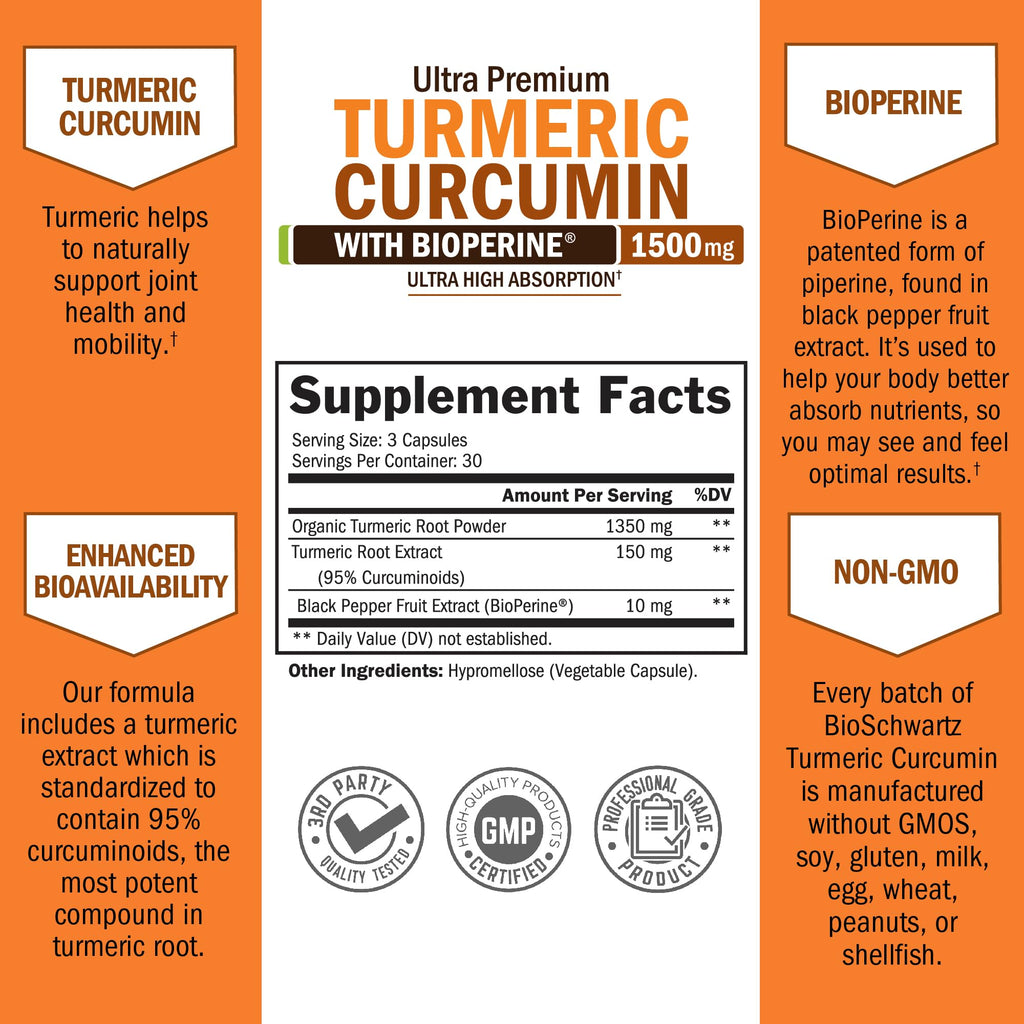 Turmeric Curcumin with Black Pepper Extract 1500mg - High Absorption Ultra Potent Turmeric Supplement with 95% Curcuminoids and BioPerine - Non GMO Tumeric Capsules for Joint Support - 90 Capsules