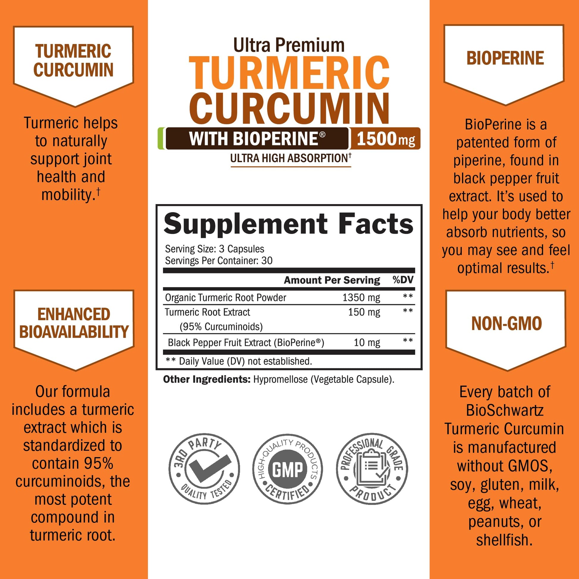 Turmeric Curcumin with Black Pepper Extract 1500mg - High Absorption Ultra Potent Turmeric Supplement with 95% Curcuminoids and BioPerine - Non GMO Tumeric Capsules for Joint Support - 90 Capsules
