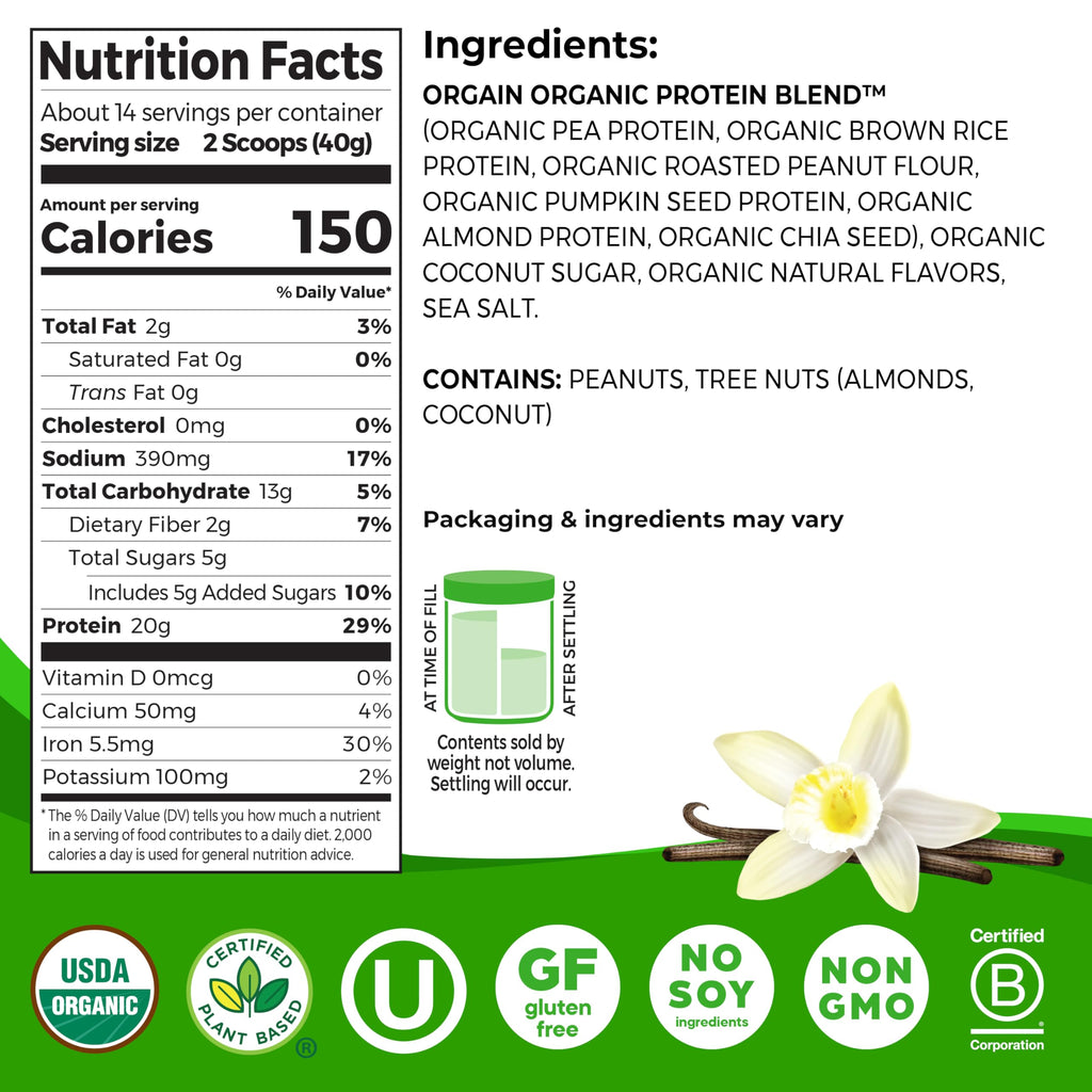 Orgain Organic Simple Vegan Protein Powder, Vanilla - 20g Plant Based Protein, Made with less Ingredients, No Artificial Sweeteners, Gluten Free, No Dairy or Lactose, 1.25 lb (Packaging May Vary)