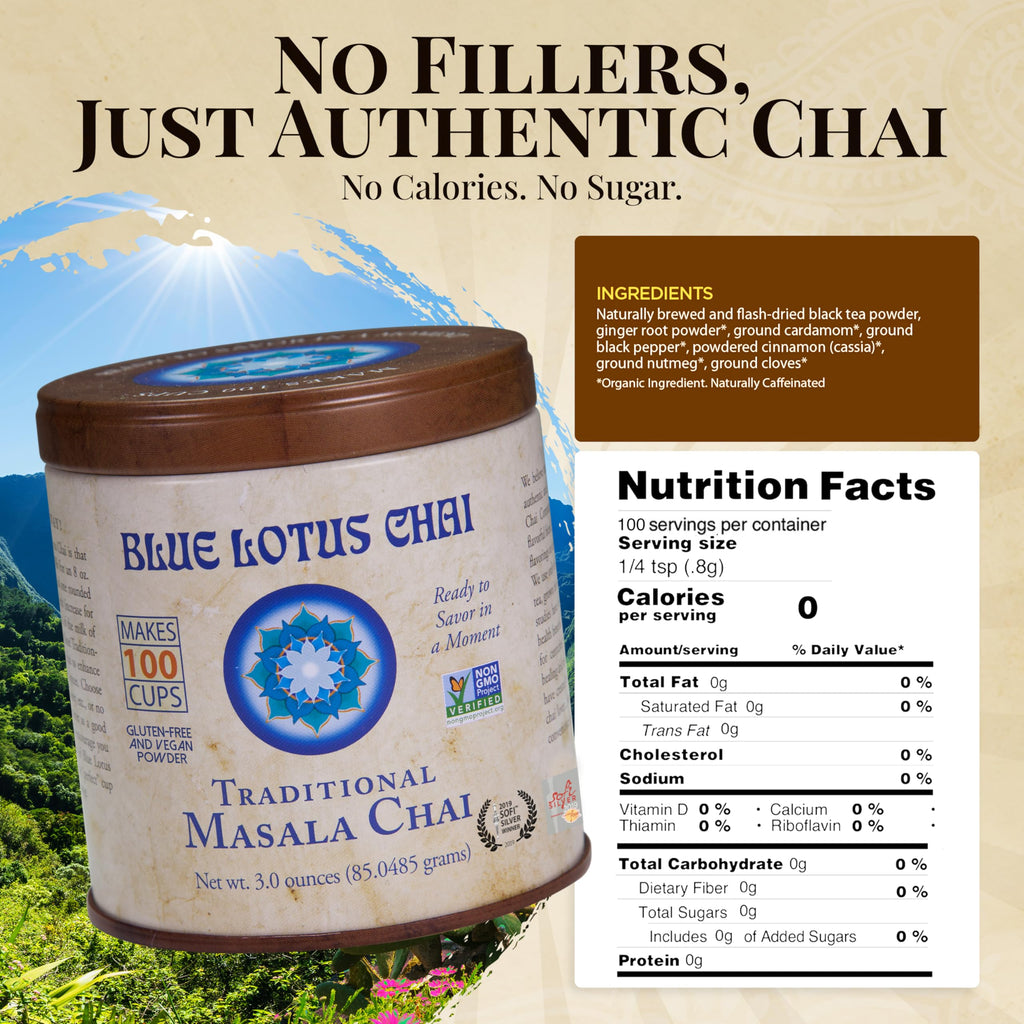 Blue Lotus Chai Tea - Traditional Masala Chai - Makes 100 Cups - 3 Ounce Masala Spiced Chai Powder with Organic Spices - Instant Indian Tea No Steeping - No Gluten