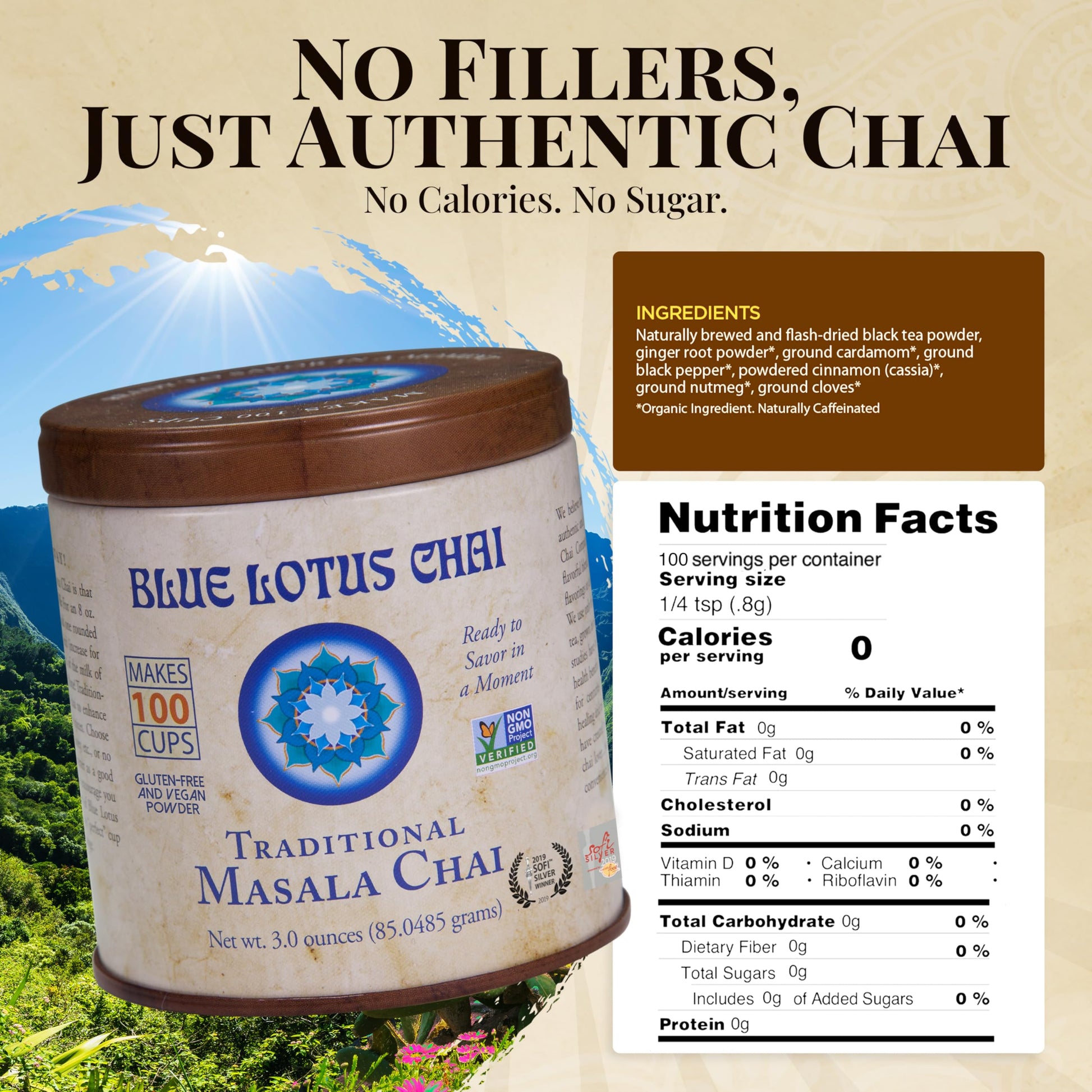 Blue Lotus Chai Tea - Traditional Masala Chai - Makes 100 Cups - 3 Ounce Masala Spiced Chai Powder with Organic Spices - Instant Indian Tea No Steeping - No Gluten